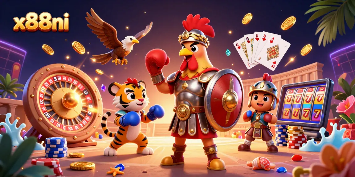 Experience thrilling gameplay at x88ni with 3D cartoon gladiator rooster, jackpot elements, and vibrant casino atmosphere.