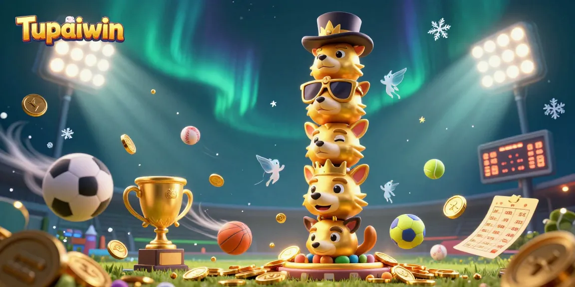 Engage with the dynamic world of Tupaiwin, featuring a golden totem pole surrounded by vibrant sports elements and atmospheric effects.