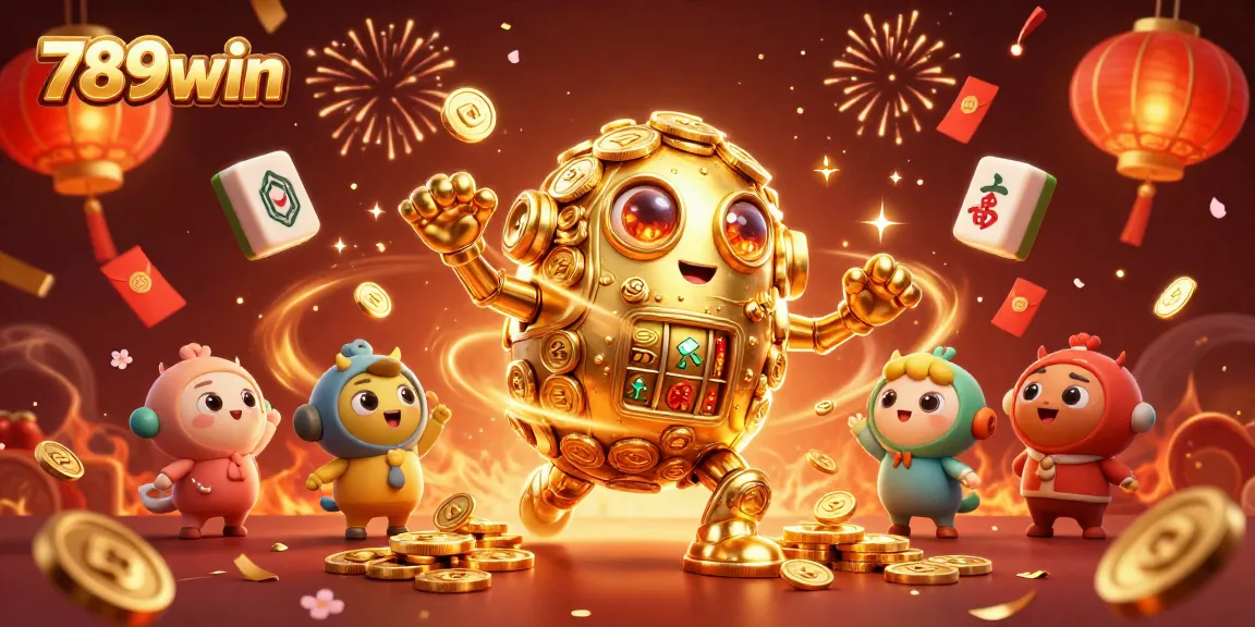Experience dynamic gaming excitement with vibrant 789win visuals, featuring a golden golem amid festive symbols.