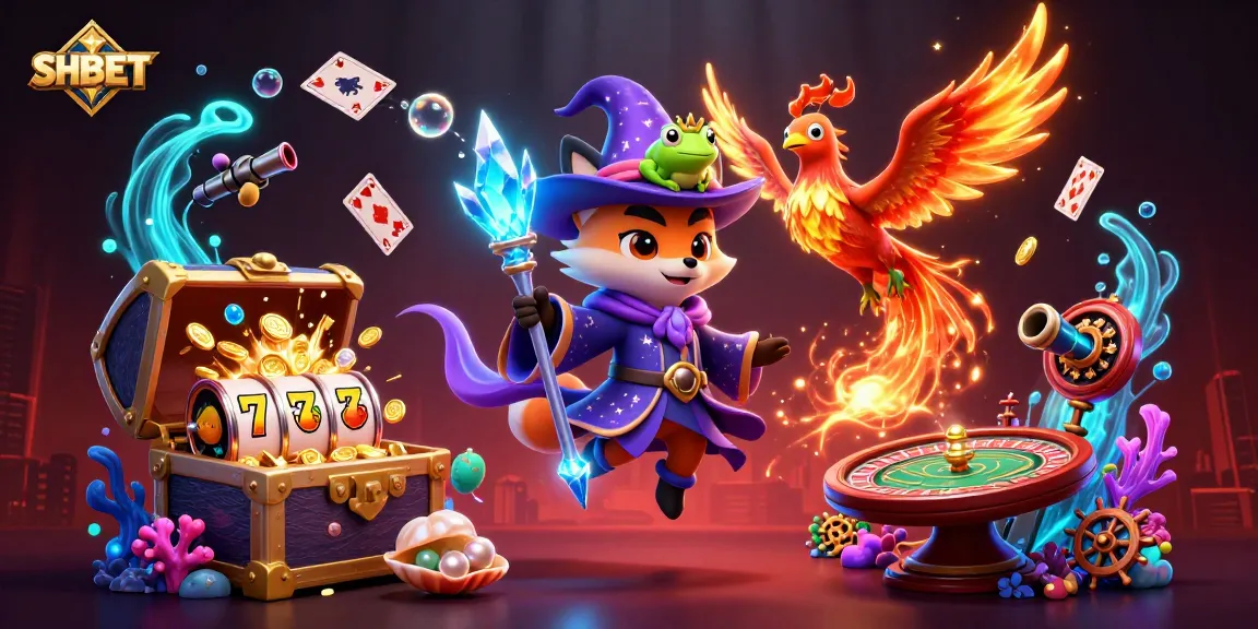 Experience SHBET with a mystical wizard fox and phoenix in a vibrant casino world, spinning slot reels.