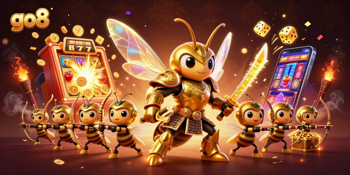 Spin to win at go8 with a captivating scene of a giant golden hornet and dynamic casino elements.