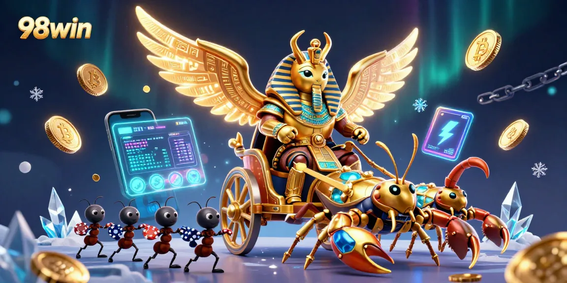 Experience thrilling gameplay with the 98win casino featuring a colossal golden scarab beetle and vibrant gaming elements.