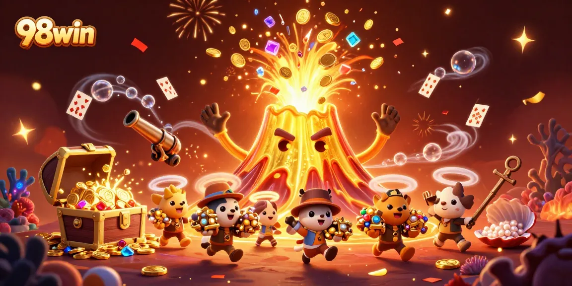 Experience thrilling gameplay with 98win's exciting treasure-filled adventure in a vibrant casino scene.