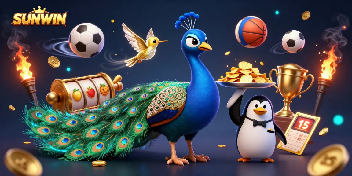 SUNWIN offers exciting gaming opportunities with a dynamic 3D illustration of casino characters in motion.