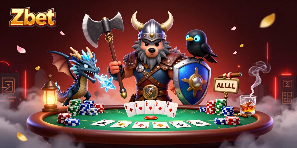Zbet showcases an epic poker battle scene with a Viking warrior, dragon, and raven celebrating winning hands.