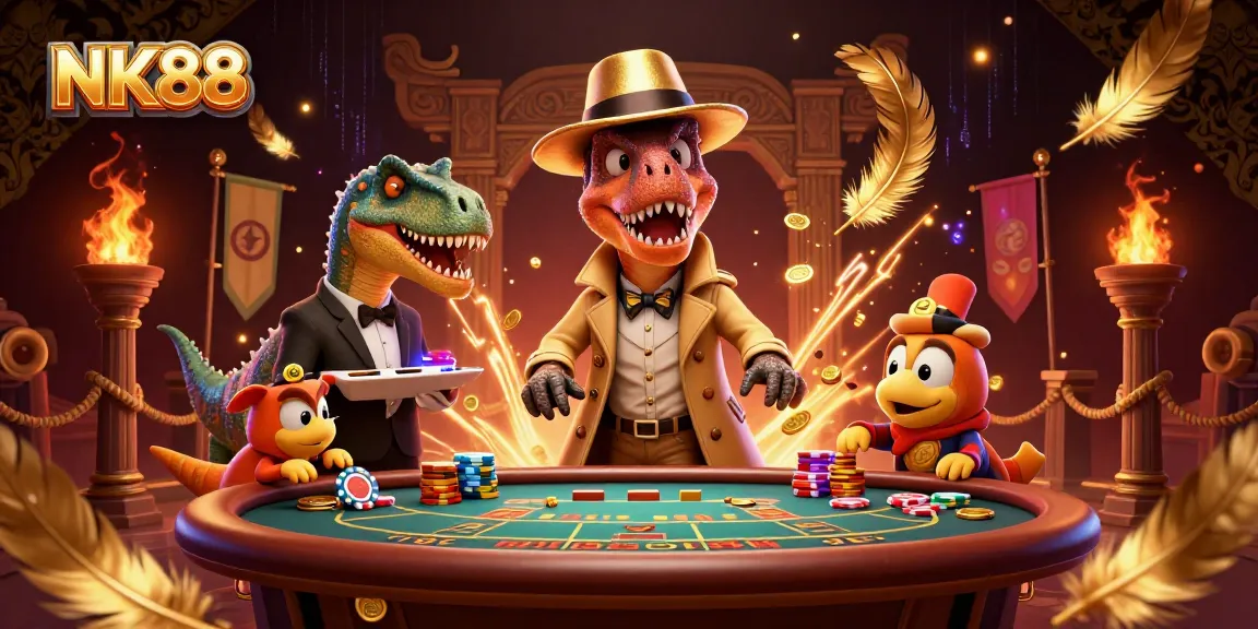 NK88 velociraptor card counter at a blackjack table surrounded by vibrant casino elements and characters.
