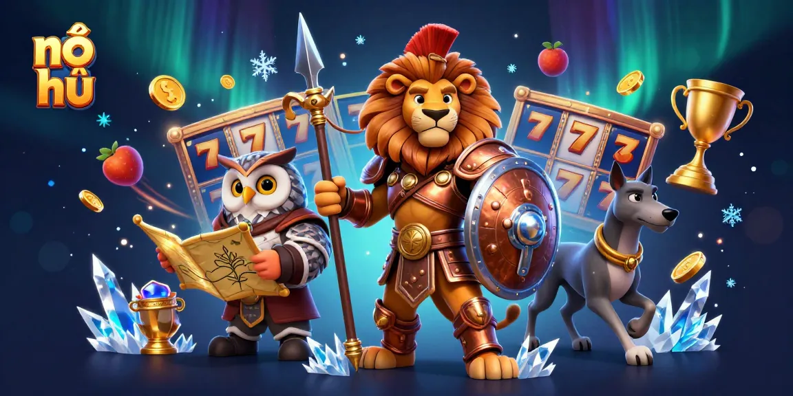 Spin the nổ hũ jackpot with the Spartan lion and friends celebrating victory in a vibrant casino scene.