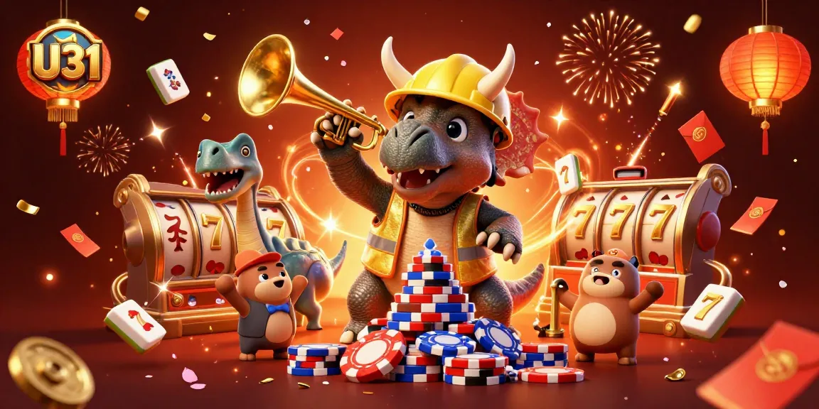 Engage in thrilling gaming at U31 with triceratops building poker chips amidst fireworks and celebration elements.