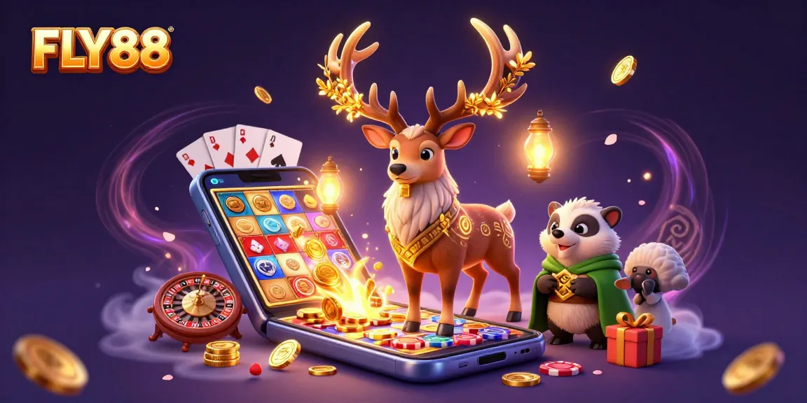 Play thrilling slot games with FLY88's vibrant casino illustration featuring dynamic characters and rich gaming elements.