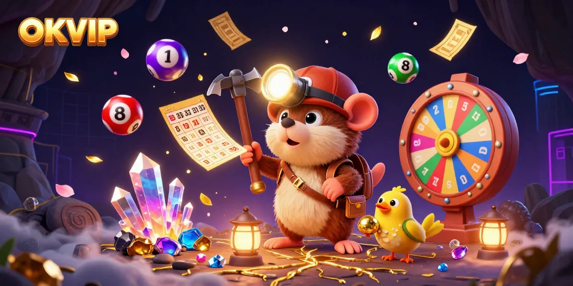 Engage with OKVIP's vibrant online gaming world through this lively illustration featuring dynamic lottery elements.