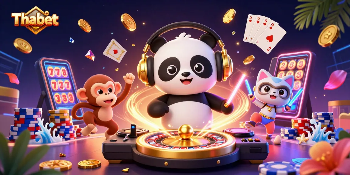 Thabet spins with excitement as a DJ panda, surrounded by vibrant casino elements and energetic animals.