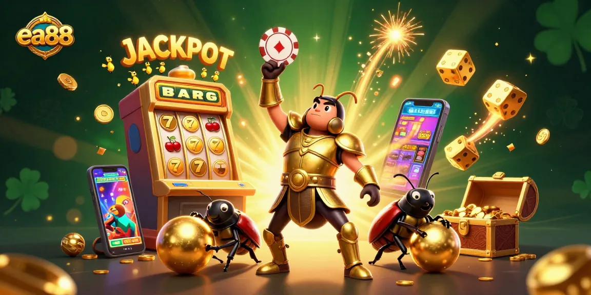 ea88 shows a victorious hercules beetle lifting a poker chip in a vibrant casino environment, surrounded by symbols and gold bursts.