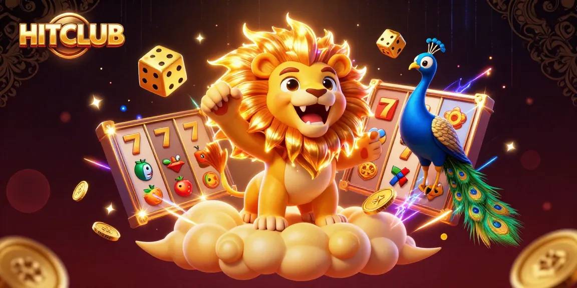 Experience the excitement at HITCLUB with vibrant slots and golden rewards in this dynamic casino illustration.