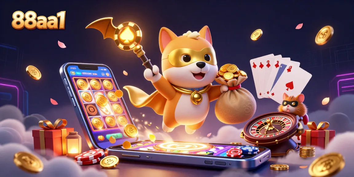 88aa1 showcases a superhero dog soaring with coins, as vibrant slot game elements explode around
