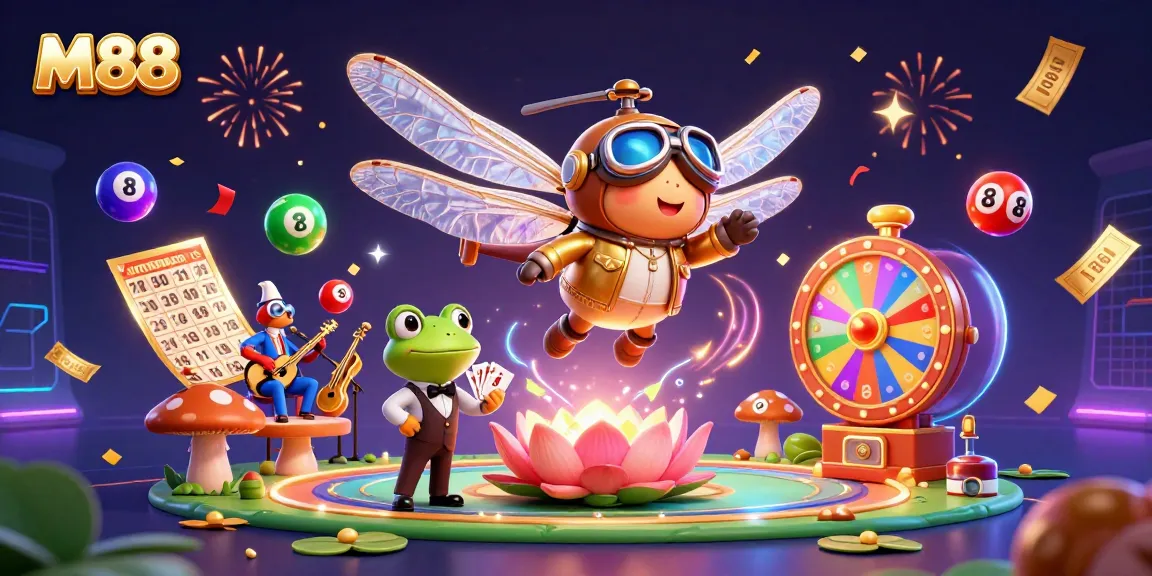 M88 delivers exciting gaming action with vibrant elements in a 3D illustration showcasing a dynamic casino scene.