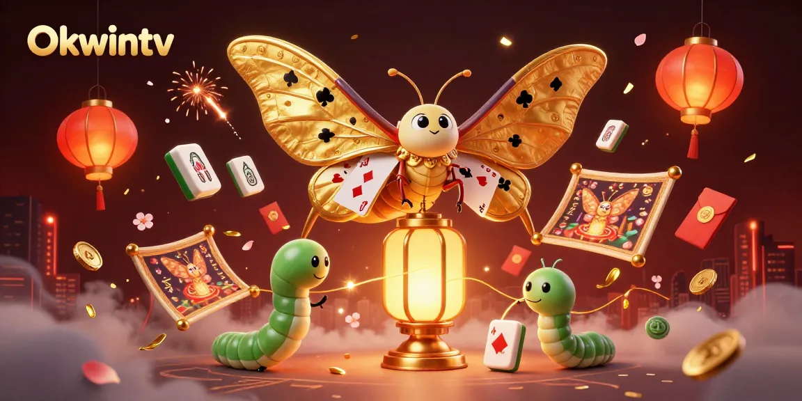 Okwintv presents an enchanting 3D scene with a golden-winged moth and casino-themed elements.