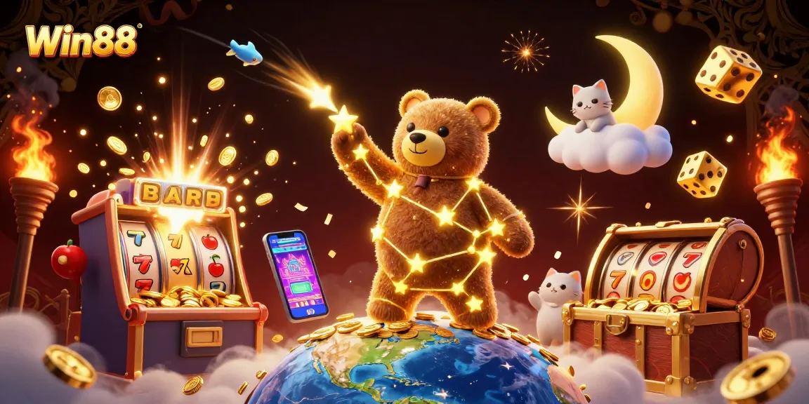 Win88 slots scene with a constellation bear, jackpot explosion, and colorful game elements.