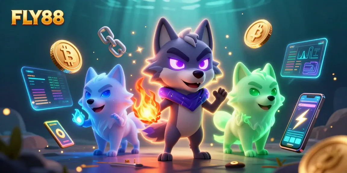 Experience the excitement of FLY88 with captivating ghostly wolves and crypto elements in this vibrant 3D illustration.