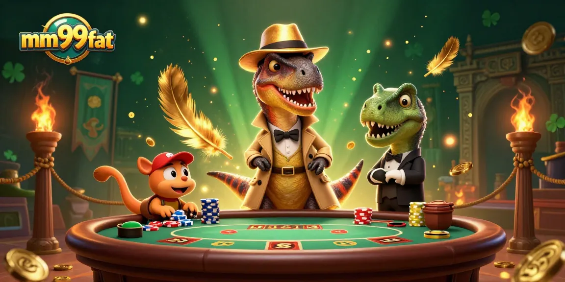 Experience exciting gameplay at mm99fat with a velociraptor card counter and animated casino characters.