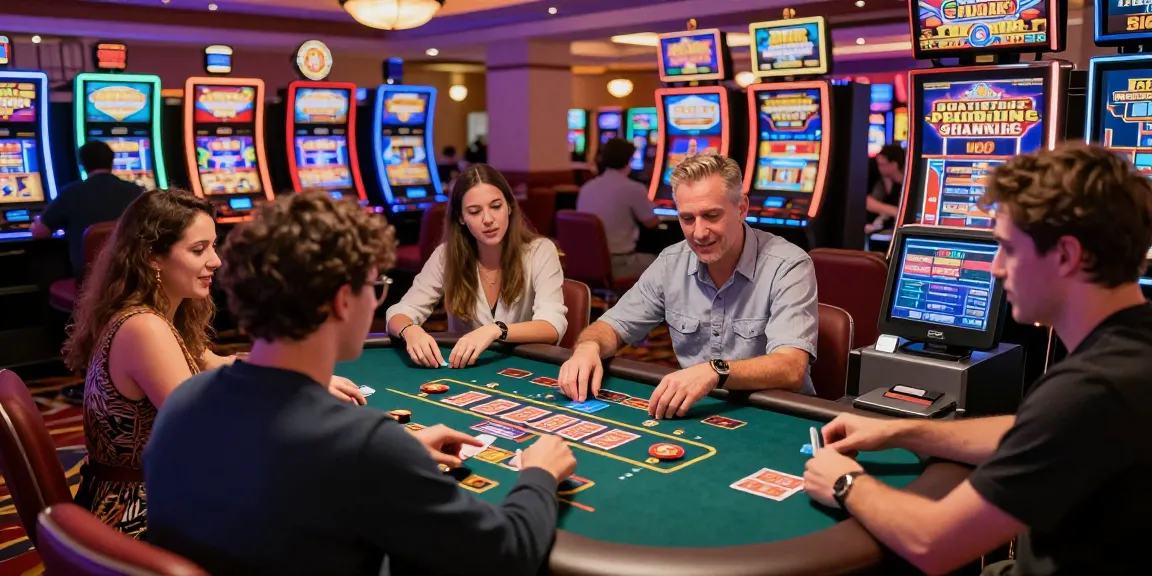 Casino scene at https://lctltd.co.uk showing diverse players enjoying games with modern credit card payment options, vibrant atmosphere.