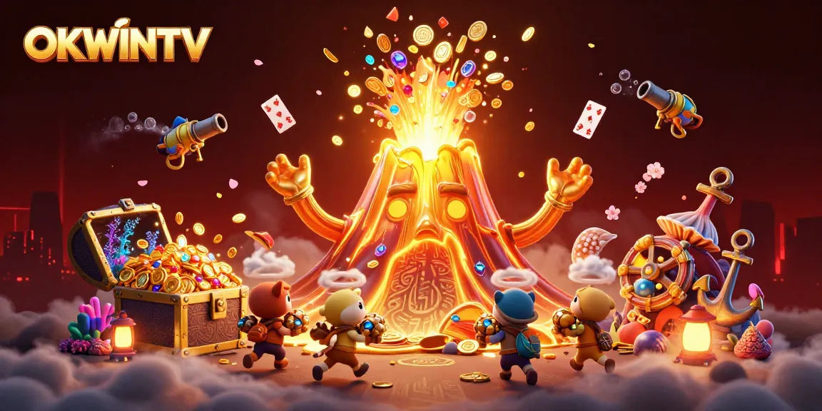 Engage with OKWINTV through a captivating scene of a triumphant golden volcano erupting with treasures.