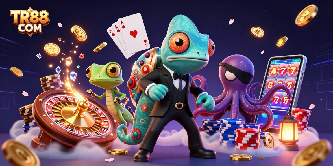 TR88 COM showcases a vibrant chameleon agent and a tech-savvy gecko amidst casino winnings.