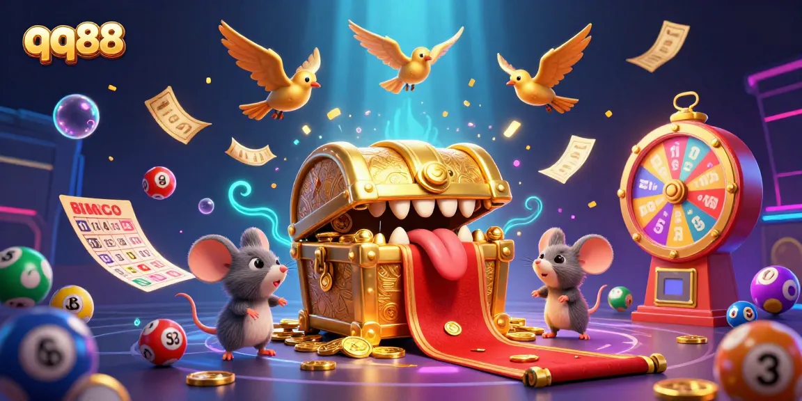 Engage with qq88's vibrant 3D treasure chest mimic scene packed with lottery excitement and adventure.