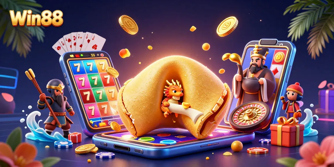 Engage with Win88's vibrant casino scene showcasing golden fortune, slots, and animated characters.