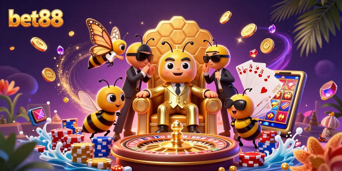 Discover thrilling wins at bet88 with a dynamic illustration of a casino scene featuring a bumblebee mob boss.