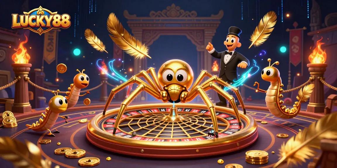 Engage with LUCKY88: a golden spider spinning a roulette web in a vibrant animated casino scene