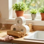 BAMBOO TOILET ROLL showcased in a bright, eco-friendly kitchen setting with plants and sustainable products.