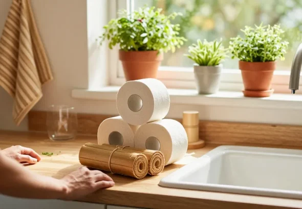 BAMBOO TOILET ROLL showcased in a bright, eco-friendly kitchen setting with plants and sustainable products.
