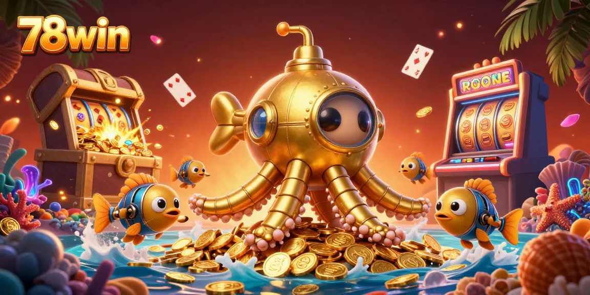 Experience thrilling slots at 78win with a golden kraken submarine and treasures.