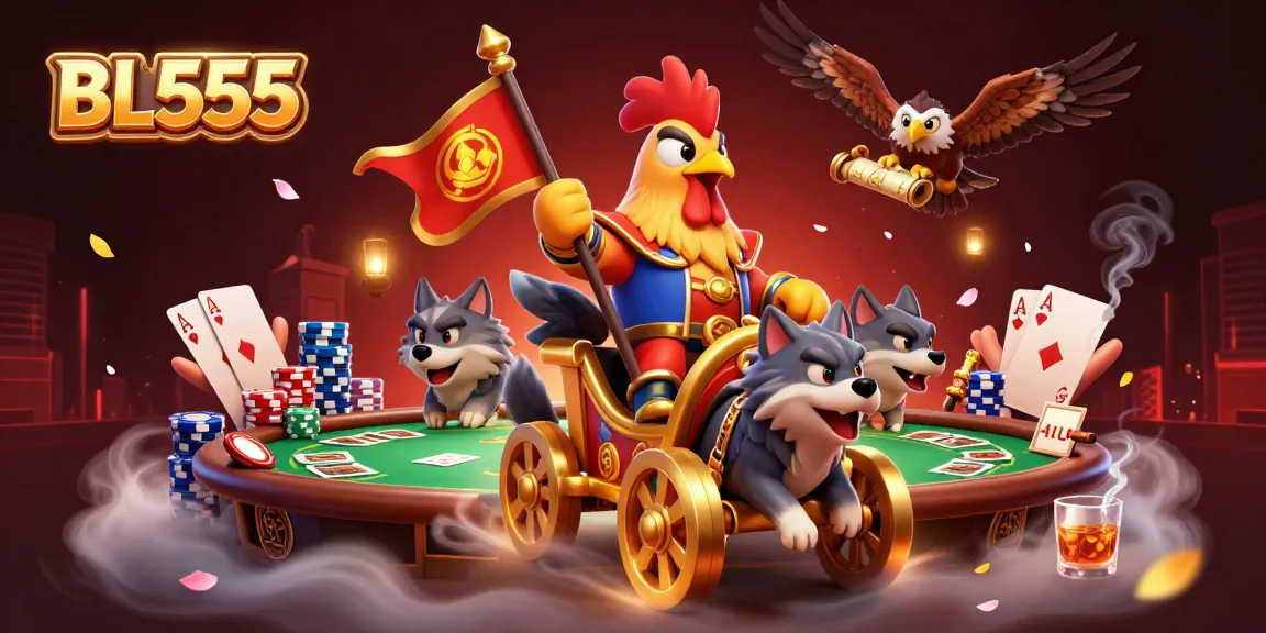 Experience thrilling poker action at BL555 with a dynamic 3D illustration featuring champions and casino elements.