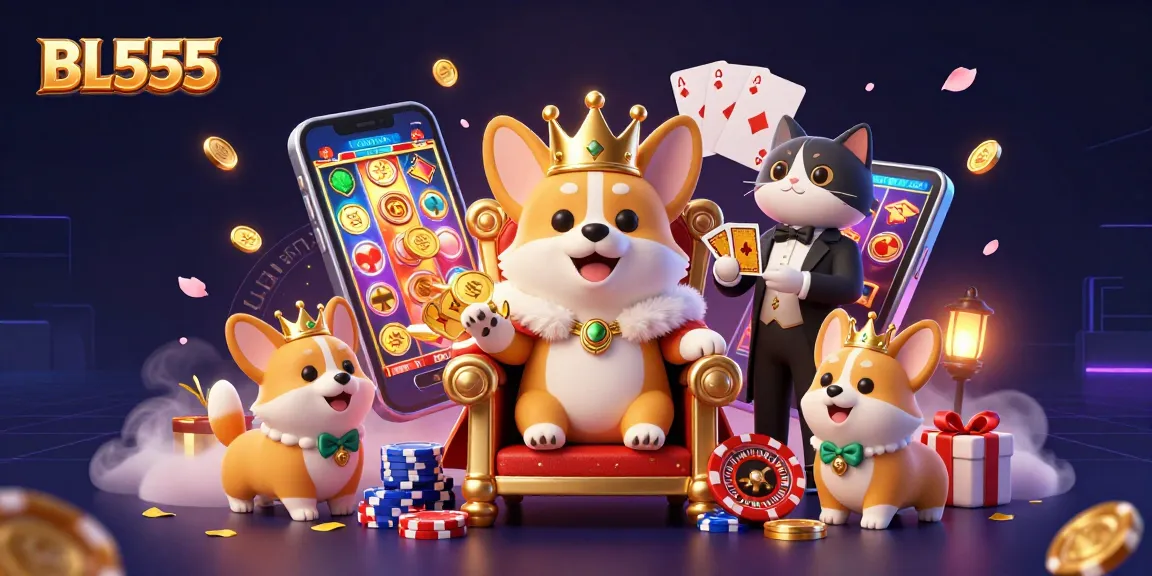 Experience thrilling gameplay at BL555 with a royal corgi in a vibrant casino scene.