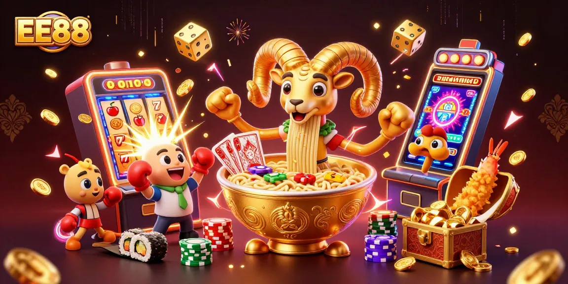 EE88 captivates with a vibrant 3D cartoon scene showcasing a golden ramen bowl dealer amid excitement.