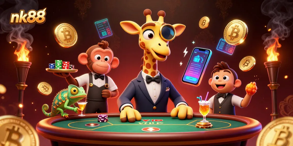 Experience the thrill of nk88 with high-roller giraffe at a poker table in a lavish casino.