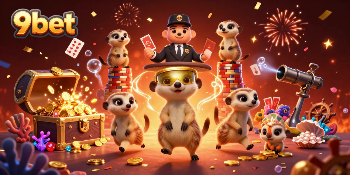 Win big with 9bet's charming meerkat casino operators amidst treasure and playing cards!