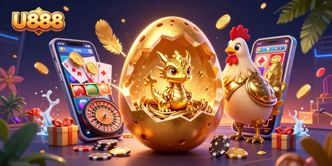 Play U888 slots with golden dragon and poker chips in a vibrant 3D casino illustration.