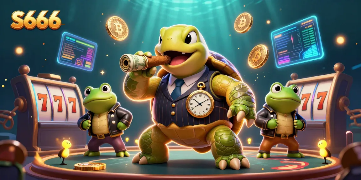 S666 offers a vibrant casino experience illustrated with a snapping turtle and bullfrog enforcers, highlighted by neon crypto coins