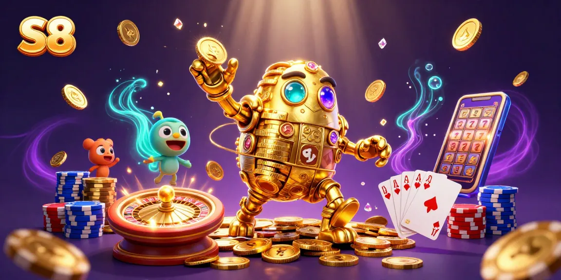 Experience the thrill of S8's golden golem in a vibrant casino scene with slot symbols and coins.