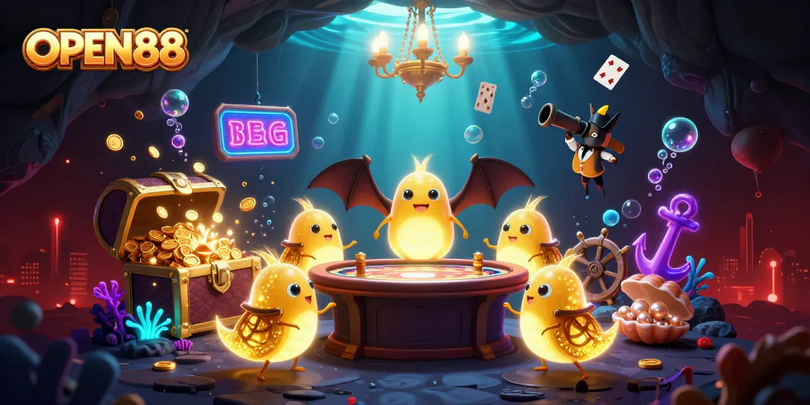 Engage with OPEN88 in a vibrant, bioluminescent cave casino illustration full of treasures and excitement.