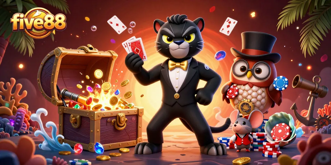 Experience the excitement of five88 with a stylish panther dealing cards surrounded by treasures and fun.
