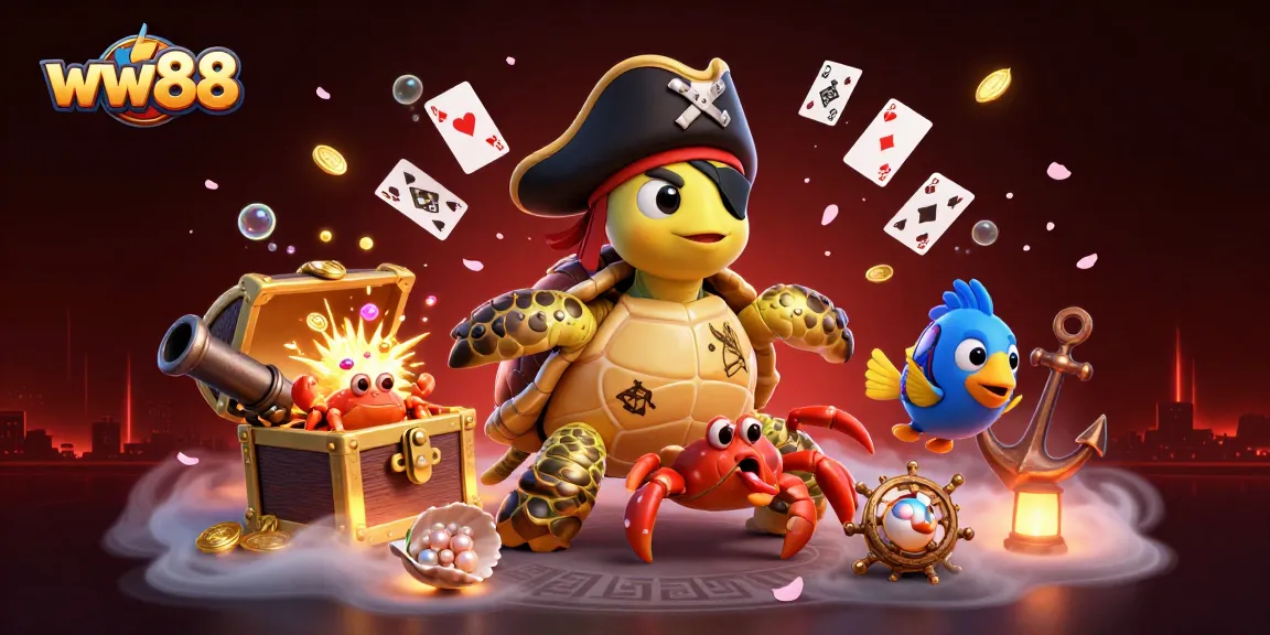 Experience the thrilling wins at ww88 with a pirate turtle and treasure in an exciting underwater casino.