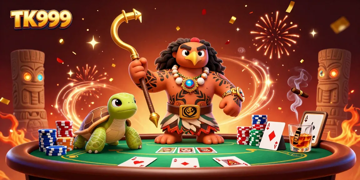 Engage with TK999's thrilling poker action in this vibrant 3D illustration.