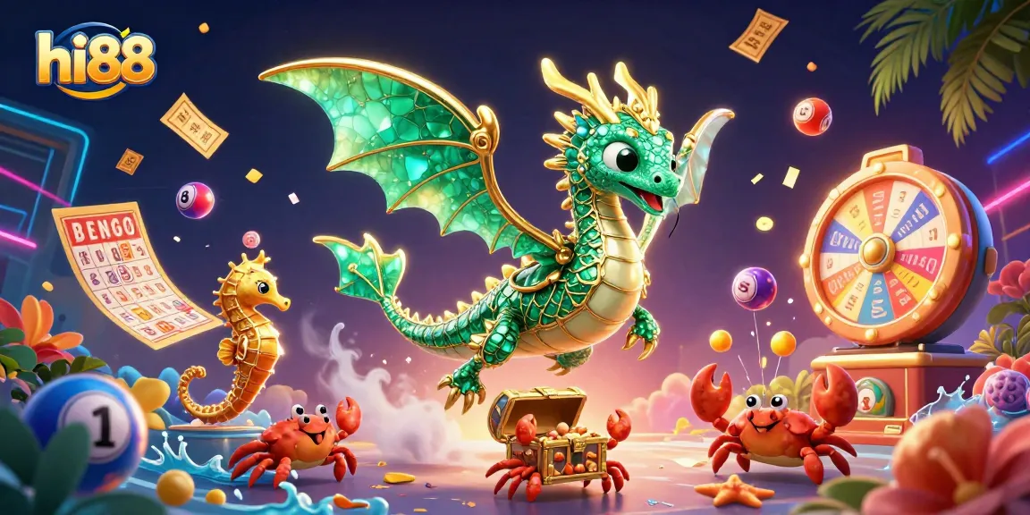 Engage in thrilling gambling at hi88 with vibrant lottery elements and a magical sea dragon.