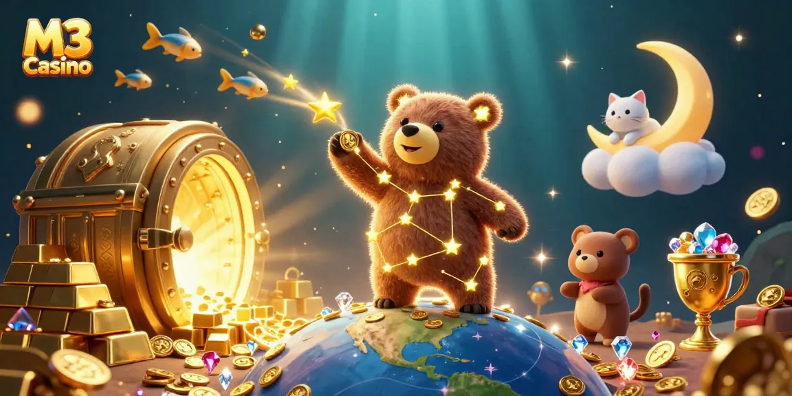 M3 Casino showcases a vibrant 3D scene with a constellation bear and treasures, enhancing your winning experience.