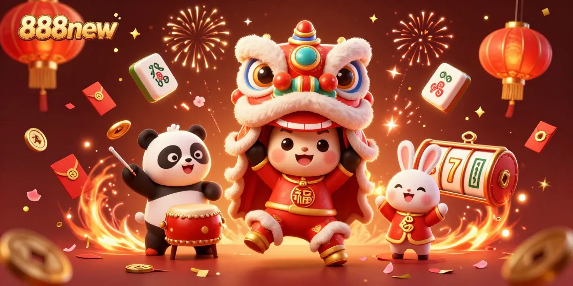 Engage with 888new's vibrant 3D casino scene featuring lion dance characters and slot elements