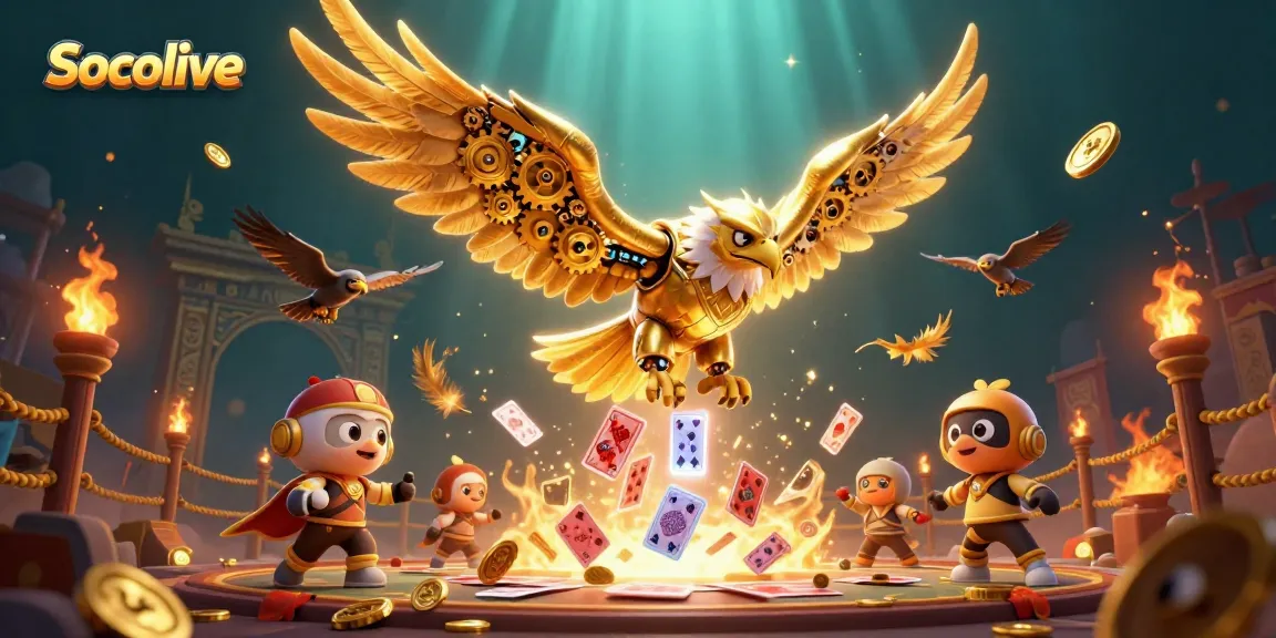 Socolive elevates your betting experience with vibrant 3D illustrations of a diving golden eagle and dynamic game elements.