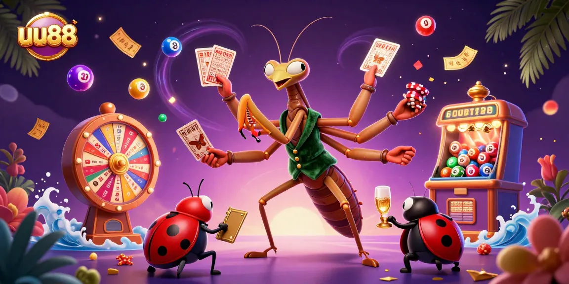 uu88 casino scene featuring a giant praying mantis card sharp and a ladybug pit boss amidst vibrant lottery balls and game elements.